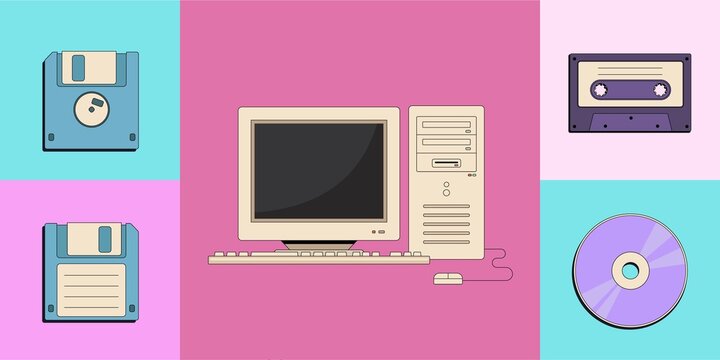 Back to 90s. Flat vector set of old computer pc, vintage video cassette, retro floppy disk, tape recorder cassette and compact disc...Nostalgia for 1990s