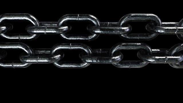 Realistic seamless looping DOF camera 3D animation of the opposite moving weathered corroded aged steel chains rendered in UHD