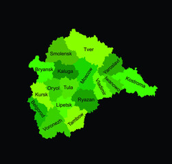 Central Federal District Russia map vector silhouette illustration isolated. Regions: Smolensk, Tver, Yaroslavl, Kostroma, Iwanowo, Vladimir, Moscow, Bryansk, Kaluga, Oryol, Tula, Kursk, Lipetsk... 