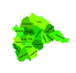 Central Federal District Russia map vector silhouette illustration isolated. Regions: Smolensk, Tver, Yaroslavl, Kostroma, Iwanowo, Vladimir, Moscow, Bryansk, Kaluga, Oryol, Tula, Kursk, Lipetsk... 