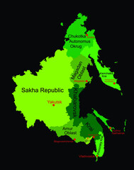 Map of Far Eastern Federal District Russia vector silhouette illustration isolated. Regions: Sakha, Chukotka, Magadan, Kamchatka, Amur, Khabarovsk, Jewish autonomus region, Primorsky, Sakhalin.