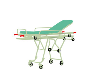 Hospital stretcher trolley vector illustration isolated on white background. First aid transport vehicle for help injured people after accident. Paramedics evacuate cart. Health care lifeguard object.