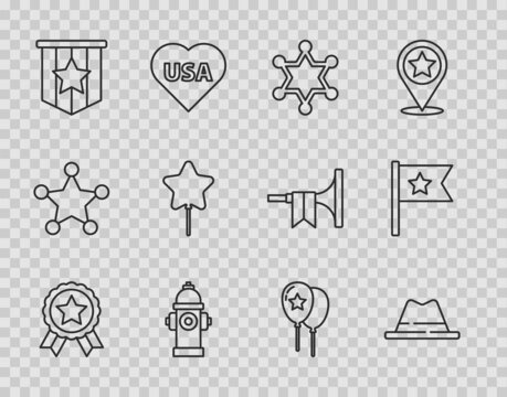 Set line Medal with star, Man hat ribbon, Hexagram sheriff, Fire hydrant, American flag, Balloon, Balloons and icon. Vector