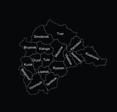 Central Federal District Russia map vector line contour illustration isolated. Regions: Smolensk, Tver, Yaroslavl, Kostroma, Iwanowo, Vladimir, Moscow, Bryansk, Kaluga, Oryol, Tula, Kursk, Lipetsk... 