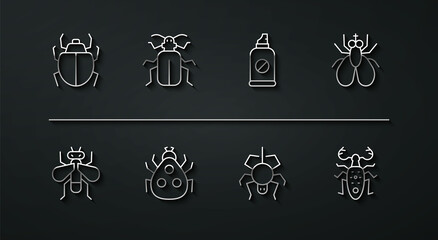 Set line Mite, Insect fly, Spider, Ladybug, Chafer beetle, Beetle deer and Spray against insects icon. Vector
