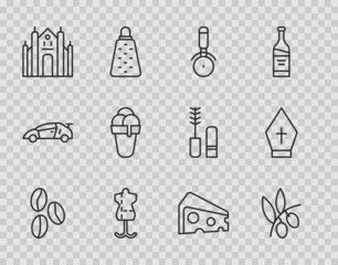 Set line Coffee beans, Olives branch, Pizza knife, Mannequin, Milan Cathedral, Ice cream, Cheese and Pope hat icon. Vector