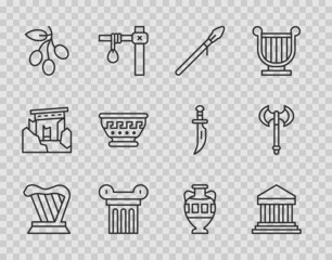 Set line Harp, Parthenon, Medieval spear, Ancient column, Olives branch, Greek ancient bowl, amphorae and axe icon. Vector