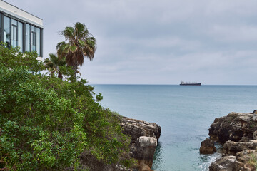 Atlantic ocean landscape in Cascais, Portugal. Rocky oceanview