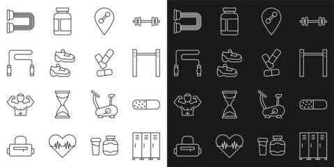 Set line Locker or changing room, Vitamin pill, Horizontal bar, Location gym, Sport sneakers, Jump rope, Chest expander and icon. Vector