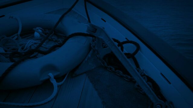 Sailing In Boat At Night Front POV With Life Ring