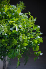 dill and parsley in a cup on a gray background