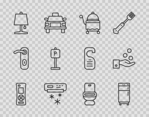 Fototapeta premium Set line Remote control, Refrigerator, Covered with tray, Air conditioner, Table lamp, Parking, Toilet bowl and Paying tips icon. Vector