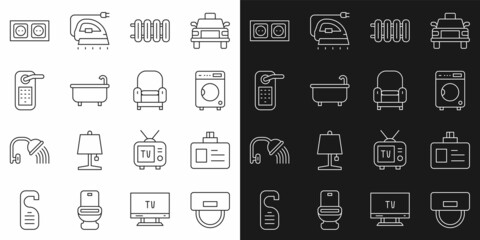 Set line Bellboy hat, Identification badge, Washer, Heating radiator, Bathtub, Digital door lock, Electrical outlet and Armchair icon. Vector