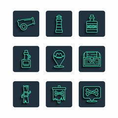Set line Decree, parchment, scroll, Pirate flag, Location pirate, Alcohol drink Rum, Cannon and Antique treasure chest icon. Vector