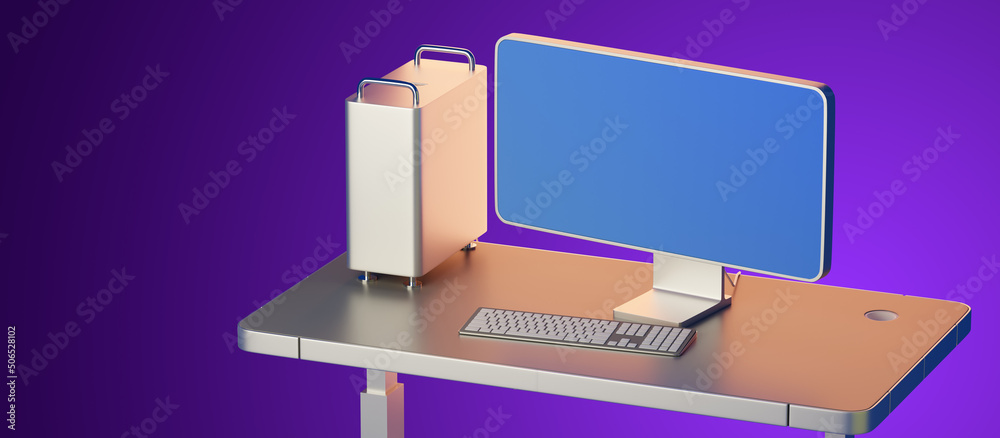Poster desktop computer. monitor with blank screen on purple. personal computer with system unit. computer 