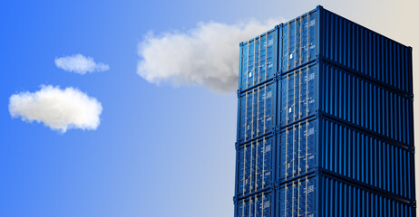 Sea cargo containers. Blue containers on background sky. Closed 40 foot containers on top of each other. Transportation goods by sea. Cargo box for sea export. Export of goods by water. 3d image.