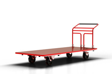 Red cargo trolley. Warehouse trolley for transporting boxes. Red cart with handle. Warehouse equipment sets. Industrial trolley on white background. Sale of warehouse equipment. 3d rendering.