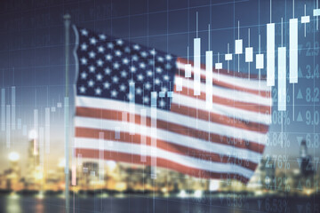 Multi exposure of virtual creative financial chart hologram on USA flag and blurry skyscrapers background, research and analytics concept