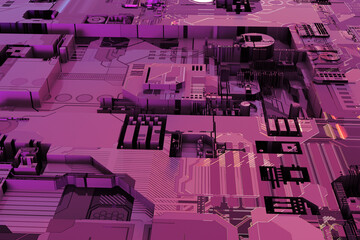 Realistic robot backdrop. Purple robot armor. Video card background with pink glow. Close-up fragment of video card. Visualization of robot texture. Digital circuit board background. 3d image.