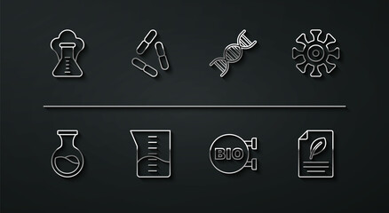 Set line Chemical explosion, Test tube and flask, Bacteria, Bio healthy food, Laboratory glassware or beaker, Virus, Eco paper with leaf and DNA symbol icon. Vector