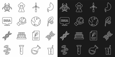 Set line Laboratory glassware or beaker, DNA symbol, Leaf leaves, Wind turbine, Hand holding Earth globe, Biohazard and icon. Vector