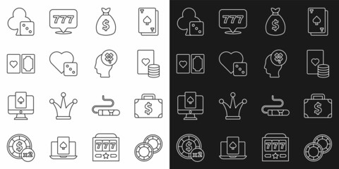 Set line Casino chips, Briefcase and money, playing cards, Money bag, Game dice, Deck of, and slot machine with clover icon. Vector