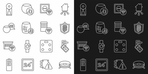 Set line Robot vacuum cleaner, Digital door lock, Fingerprint, Smart electrical outlet, Voice assistant, coffee machine and Air humidifier icon. Vector