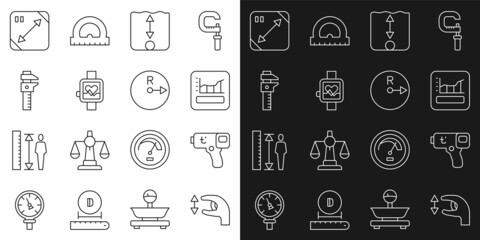 Set line Approximate measurements, Digital thermometer, Graph, schedule, chart, diagram, Depth, Smart watch, Calliper or caliper and scale, Diagonal measuring and Radius icon. Vector