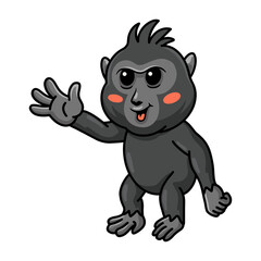Cute little crested black macaque cartoon waving hand