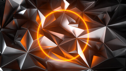 3d render, abstract geometric background with metallic faceted texture and glowing neon round shape, modern wallpaper