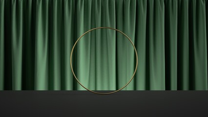 3d rendering, abstract background with golden round frame in front of the green velvet curtain. Stage concept. Minimalist showcase scene for product presentation