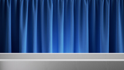 3d render, abstract simple background with blue velvet curtain and white stage steps for product presentation