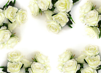 Bouquet of white roses flowers panorama. Greeting gift card background . White background with copy space. Template banner