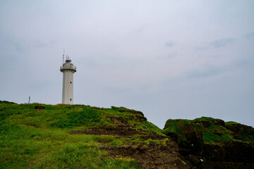 Fototapeta na wymiar 曇り空と白い灯台のある島の風景