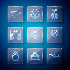Set line Circus fire hoop, Boat swing, Seesaw, Unicycle or one wheel bicycle, Attraction carousel, curtain raises, Cannon and Lollipop icon. Vector