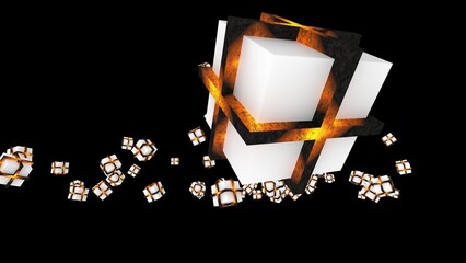 Orange illuminated white cubes under black background. Block chain network technology concept illustration. 3D illustration. 3D CG. 3D high quality rendering. 