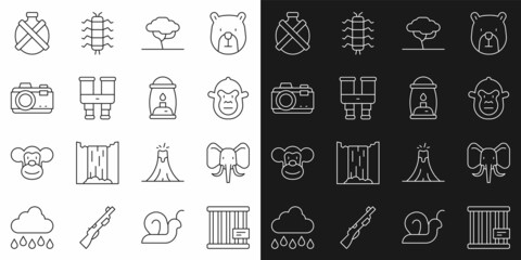 Set line Animal cage, Elephant, Monkey, African tree, Binoculars, Photo camera, Canteen water bottle and Camping lantern icon. Vector