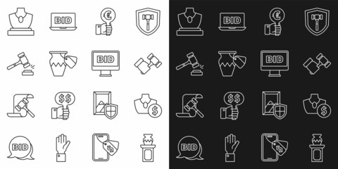 Set line Auction ancient vase, jewelry sale, hammer, Hand holding auction paddle, and Online icon. Vector