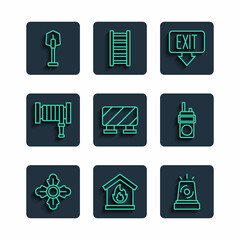 Set line Firefighter, in burning house, Flasher siren, exit, Road barrier, hose reel, shovel and Walkie talkie icon. Vector