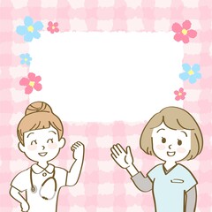 イラスト素材：看護師スタッフ募集の求人バナー/正方形/コピースペース（女性正面/上半身/主線あり）
