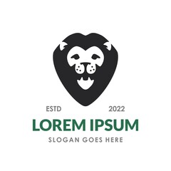 Lion head black logo illustration template for label, badge, sign or advertising. Cute big cat vector clip art image.