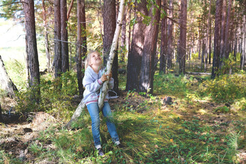 Little girl climbed up a birch tree and looking up. Adventure for young explorer. Happy childhood...