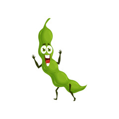 Obraz premium Funny cartoon green pea pod character. Comic vegetable personage, beans or pea pod. Cute veggie, organic and natural farm legume food Isolated vector sticker with happy smiling face