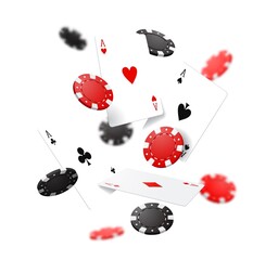 Flying poker cards and chips, casino gambling game. Realistic 3d vector jack pot, falling red and black round pieces. Big win online casino bets, internet gamble or vegas club playing recreation - obrazy, fototapety, plakaty