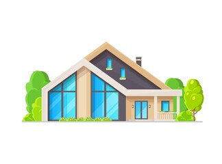 Modern suburban house with balcony, home exterior and residential building. Vector mansion or cottage villa facade, family townhouse or bungalow and apartments lodge, suburban dwelling architecture