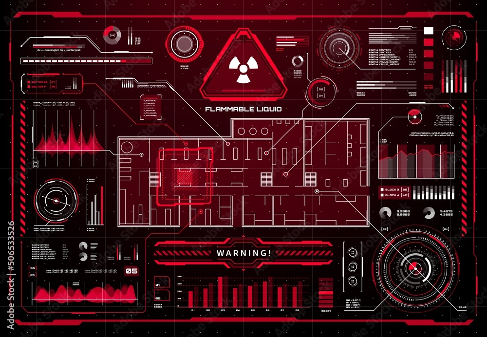 Aufkleber HUD fire protection and safety system display interface. Warning alert of fire ignition. Radioactive pollution danger message info box or vector call out title, infographics with sound wave and graph
