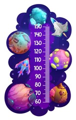 Kids height chart ruler with cartoon space planets and starship, vector measure meter. Child height scale measurement with galactic rockets and fantasy space shuttles, spaceships in galaxy