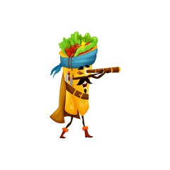 Cartoon burrito pirate captain personage with spyglass. Vector mexican food character, caribbean corsair tex mex snack wear bandana and cape. Funny meal of Mexico, game or book filibuster
