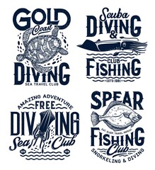 Fototapeta premium Sea diving, snorkeling and fishing t-shirt prints, vector ocean waves and fishes. Fishing and sea travel club, snorkeling and scuba diving center emblems with squid, turtle and flounder, marine quotes