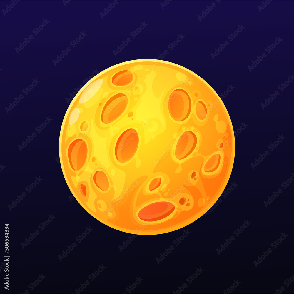 Poster cartoon yellow space planet with craters, vector moon, galaxy globe with holes, sphere in universe. 